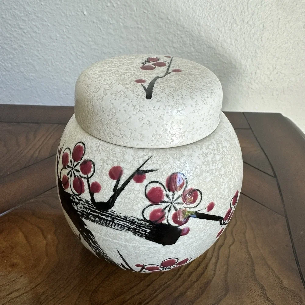 Vintage Ardco Ginger Jar 5.5 Inch Lid Asian Black Red Cherry Blossom Japan EUC
